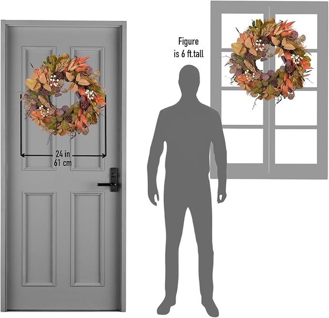 CozyNest Decor 24-inch autumn wreath with artificial leaves, pinecones, berries, and wheat for front door or wall decoration.