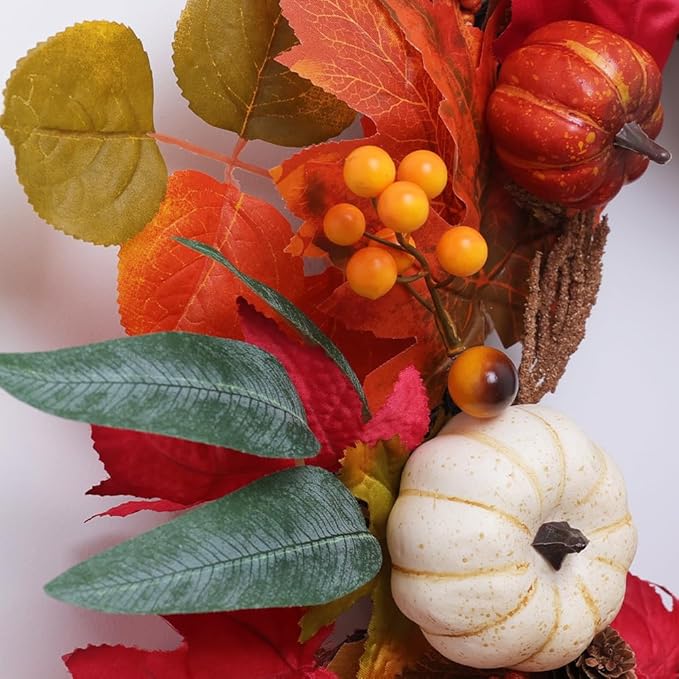 CozyNest Decor 21-inch fall wreath with maple leaves, pumpkin, berries, ideal for front door, wall, window, or fireplace autumn decor