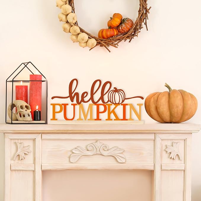 Orange metal Hello Pumpkin sign by CozyNest Decor, autumn-themed decorative plaque for home or office decor, seasonal fall decor.