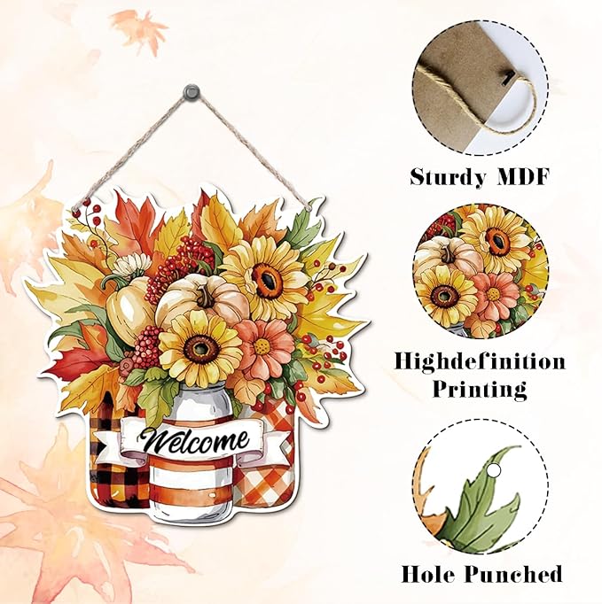 CozyNest Decor Thanksgiving welcome door sign with pumpkin and autumn leaves, wooden fall decor for farmhouse porch or holiday decor