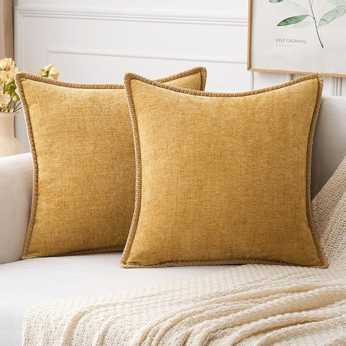 CozyNest Decor MIULEE 16x16 inch gold farmhouse throw pillow covers with stitched edges, soft chenille, perfect for sofa or bed decor.