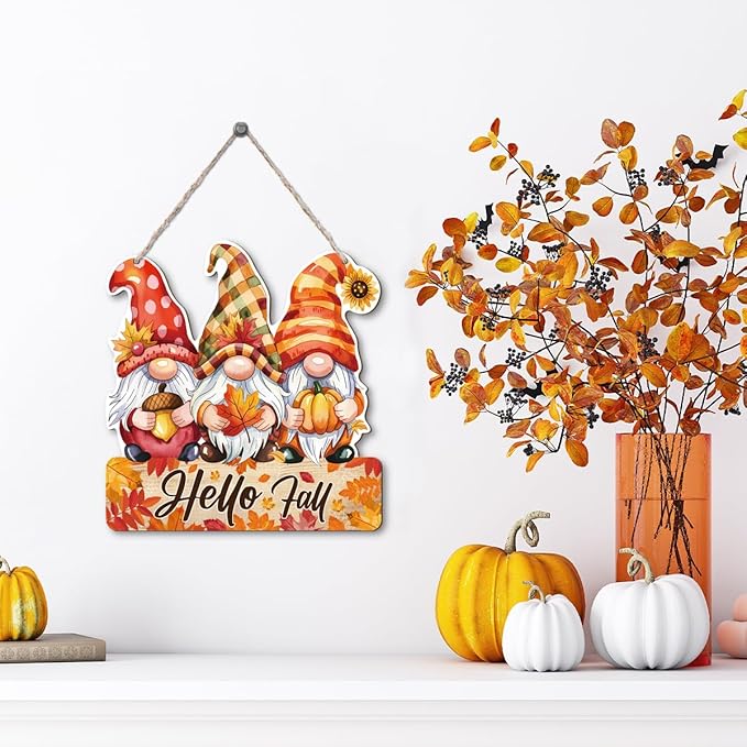 Hello Fall wooden hanging gnome decoration and rustic autumn signs for Thanksgiving, cozy home interior and exterior decor.