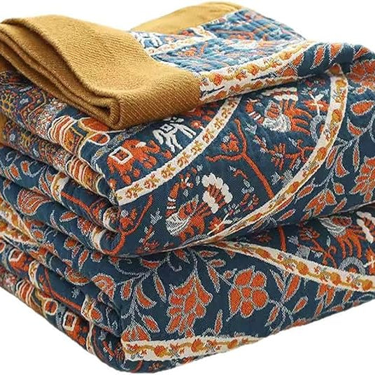 CozyNest Decor boho muslin bed blanket with circle geometric design, 80 x 90 inches, soft 4-layer cotton summer cooling coverlet