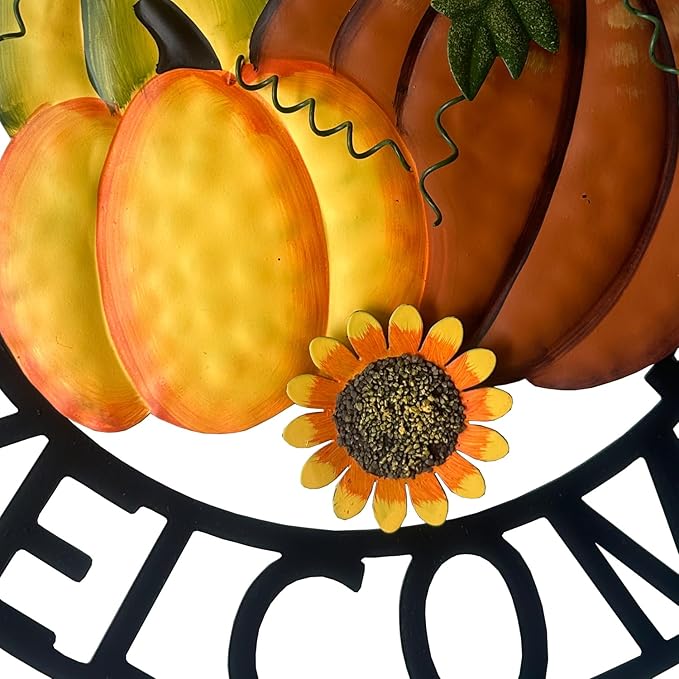 Rustic metal hanging pumpkin wreath with "Hello Fall" lettering, perfect for farmhouse front door autumn and Halloween decor.