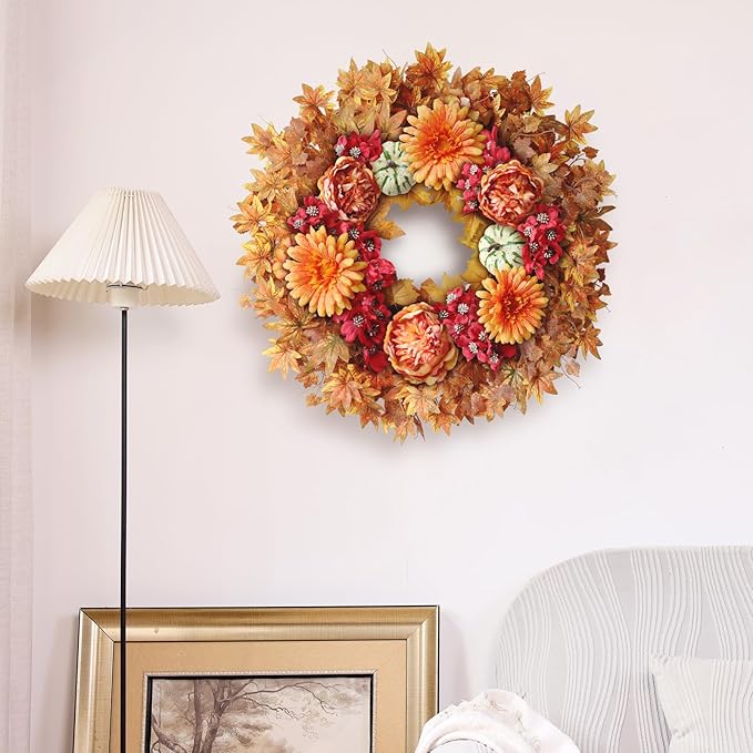 Large 26-inch fall wreath with artificial maple leaves, silk peony, and faux pumpkin for porch, door, or farmhouse autumn decor.