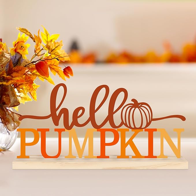 CozyNest Decor Hello Pumpkin metal sign in orange with fall-themed design, perfect for home or office autumn decor.