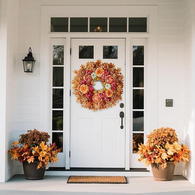 Large 26-inch fall wreath with artificial maple leaves, faux pumpkins, silk peonies, perfect for porch, door, or farmhouse autumn decor.