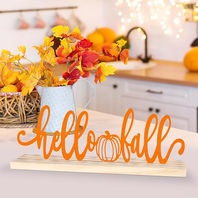 CozyNest Decor COCHIE Metal Hello Fall sign in orange, autumn pumpkin-themed decorative plaque for home or office decor.
