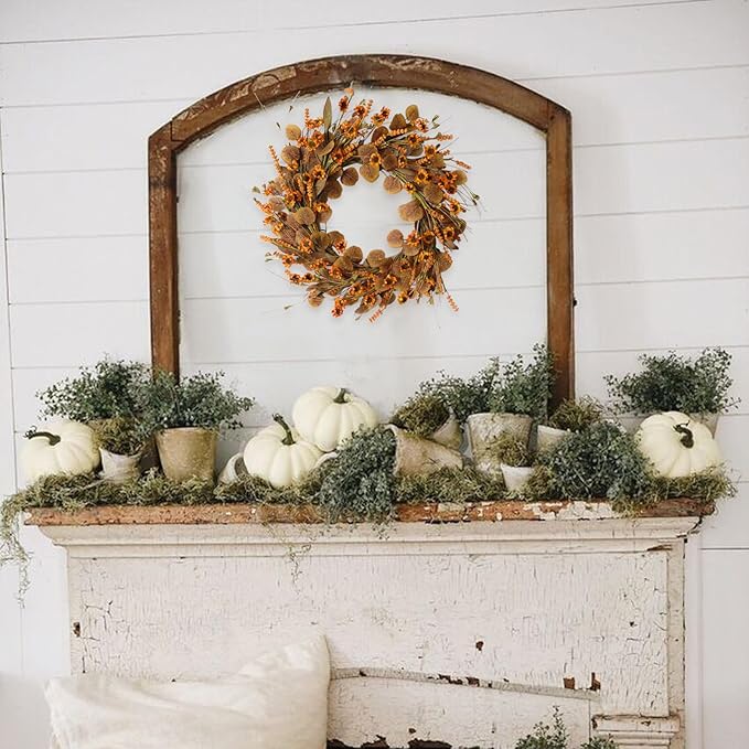 CozyNest Decor 22-inch artificial fall wreath with eucalyptus leaves, wildflowers, and harvest accents for front door or wall decor.