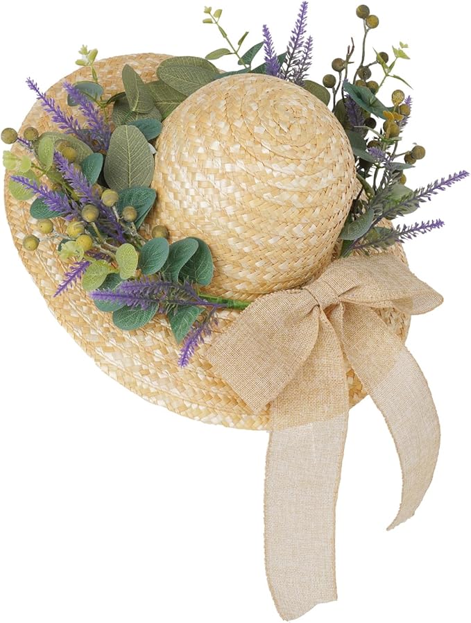 CozyNest Decor 16-inch spring eucalyptus wreath with straw hat and bow, ideal for front door, wall, or holiday farmhouse decor.