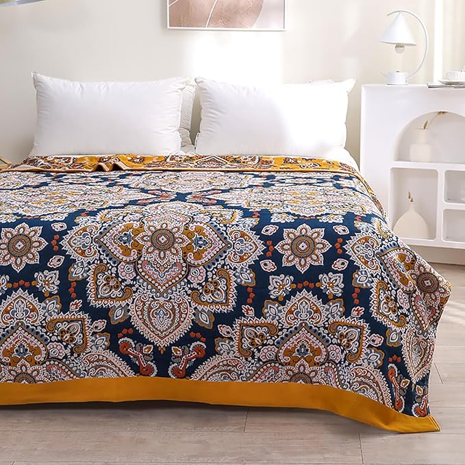 Boho spiral flower muslin blanket for adults, twin size 60x80 inches, soft 100% cotton gauze, cozy bohemian bed coverlet
