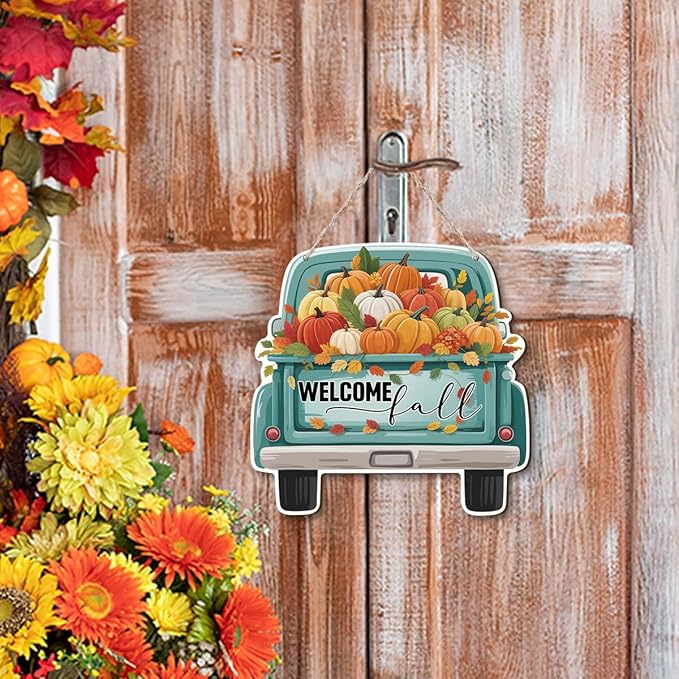 Rustic wooden truck fall decoration sign by CozyNest Decor, featuring autumn harvest and Thanksgiving themes for home decor.