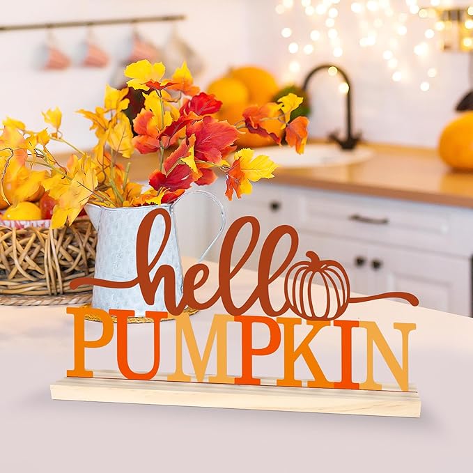 Orange metal Hello Pumpkin sign by CozyNest Decor, fall-themed decorative plaque for home or office, autumn harvest decor.