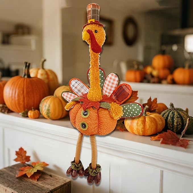 CozyNest Decor plush turkey figurine, 31.5 x 18.5 inches, handmade stuffed autumn Thanksgiving decoration for indoor tabletop display