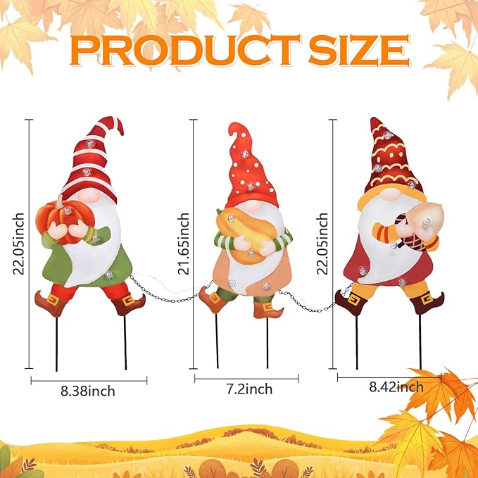 CozyNest Decor Wonder Garden 3 pcs fall yard sign metal gnomes with LED lights, autumn harvest pumpkins for outdoor garden decor.