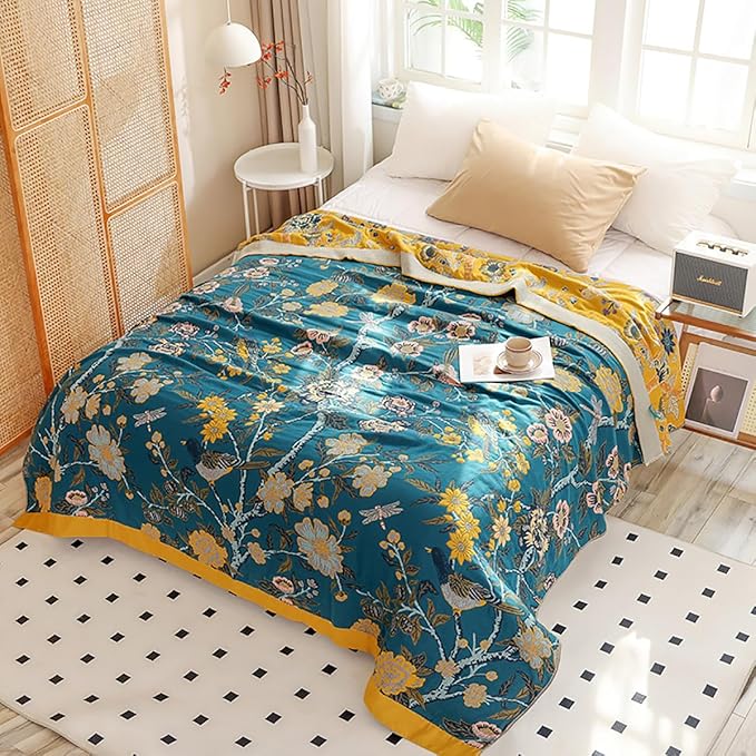 CozyNest Decor boho muslin blanket for adults, teal floral twin size 60x80 inches, soft 4-layer cotton summer bed coverlet.