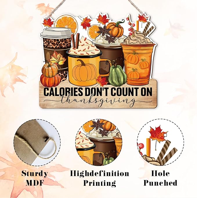 CozyNest Decor Thanksgiving door sign with "Calories don't count on Thanksgiving" message, autumn-themed wooden wall decor for home.