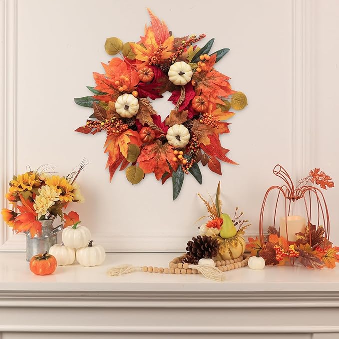 CozyNest Decor 21-inch fall wreath with maple leaves, pumpkins, and berries for front door, window, or wall autumn decor.