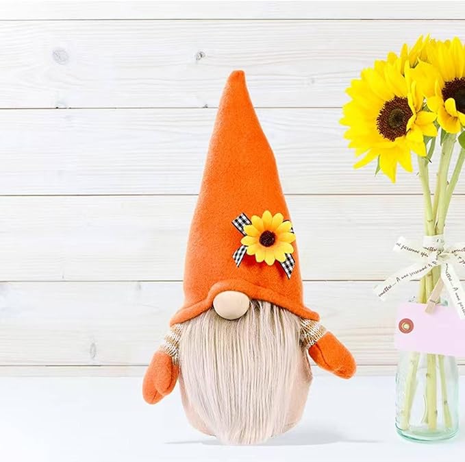 CozyNest Decor plush fall gnome doll with sunflower hat, farmhouse harvest decor for tiered tray, Thanksgiving and autumn decoration.