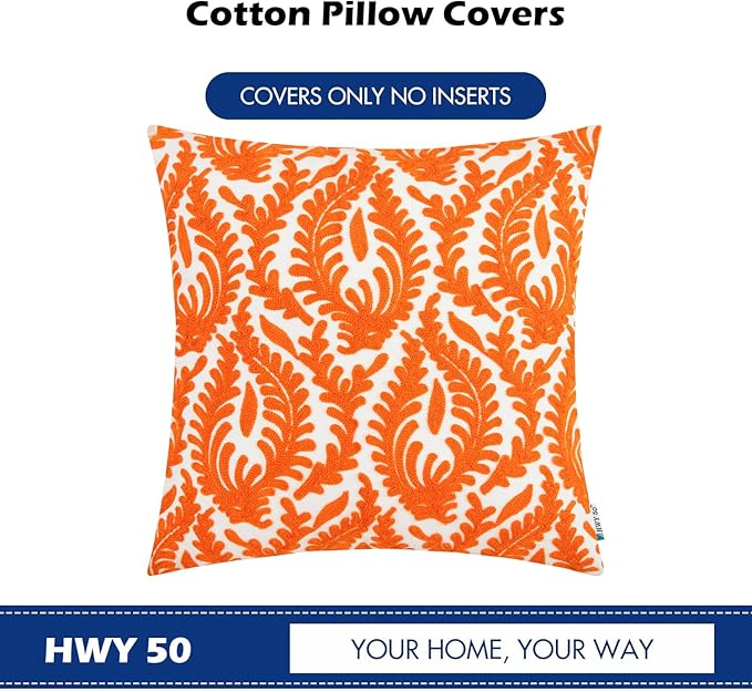 Orange fall embroidered throw pillow cover by CozyNest Decor with floral branch design, 18x18 inch cotton cushion cover for sofa or bed