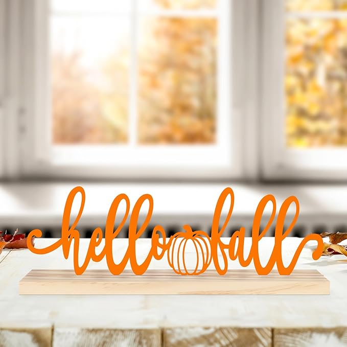 Orange metal Hello Fall sign by CozyNest Decor, autumn pumpkin decor for home or office shelves and mantels.