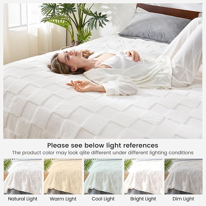 CozyNest Decor white checkered faux rabbit fur twin bed blanket, soft fluffy minky throw for bed or couch, 60x80 inches ivory.