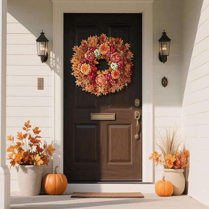 26-inch fall wreath with artificial maple leaves, silk peonies, and faux pumpkins for outdoor porch or farmhouse autumn decor.