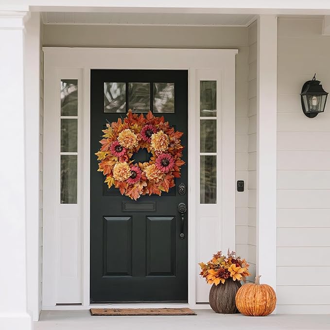 Large 28-inch fall wreath with artificial maple leaves, sunflowers, pumpkins, and hydrangeas for front door or porch decor.