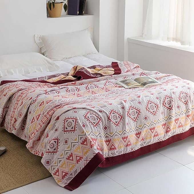 CozyNest Decor boho muslin bed blanket in red geometric design, 80x90 inches, soft 4-layer cotton gauze for sofa or bed use
