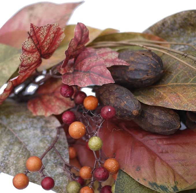 CozyNest Decor 24-inch artificial fall magnolia leaf vine wreath with orange berries and pinecones, perfect for wall or door decor.