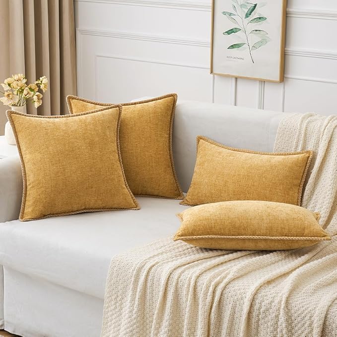 CozyNest Decor MIULEE 16x16 inch gold chenille throw pillow covers with stitched edges, farmhouse style for sofa or bed decor
