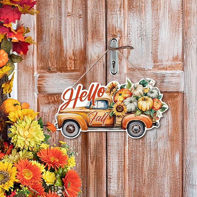 Rustic Hello Fall wooden hanging truck sign by CozyNest Decor, autumn harvest decor for home interior and exterior.