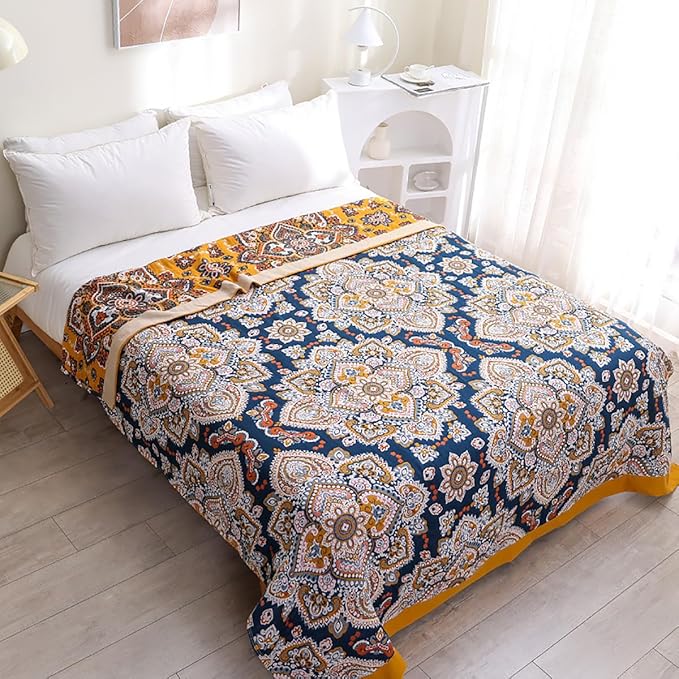 Boho spiral flower muslin blanket for adults, twin size 60x80 inches, soft 100% cotton gauze, cozy bohemian sofa or bed coverlet