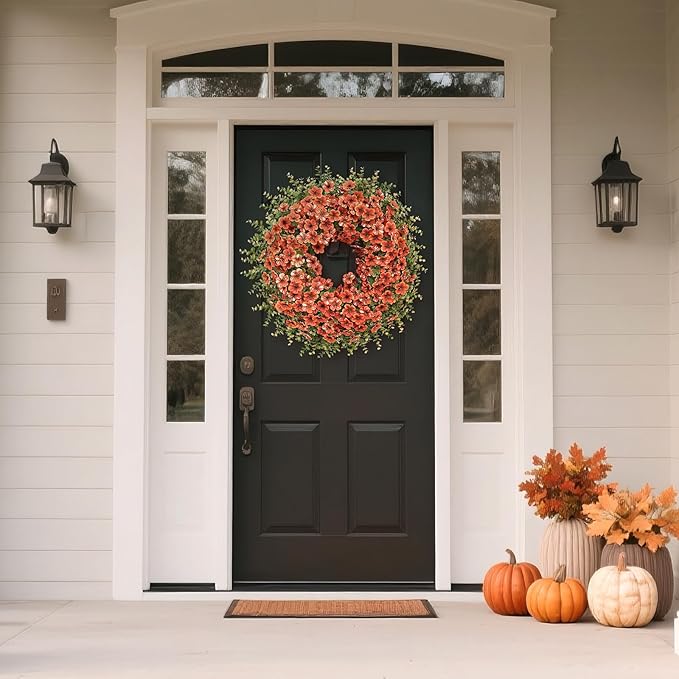 CozyNest Decor 26-inch fall wreath with artificial boxwood leaves, daisies, and eucalyptus for front door or porch autumn decor