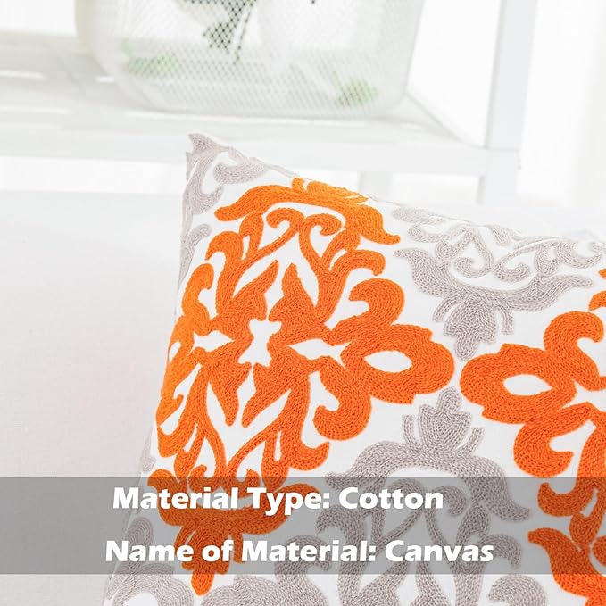 Orange fall decorative throw pillow cover by CozyNest Decor, embroidered floral and geometric design on cotton, 18x18 inches.