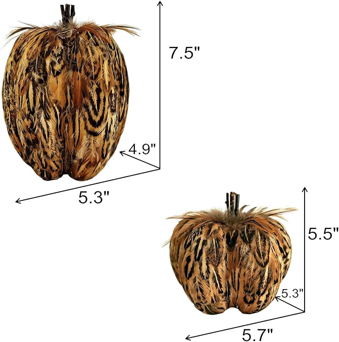 Set of two NatureVibe elegant feathered pumpkin centerpieces by CozyNest Decor, perfect for fall home decor and Thanksgiving tables.