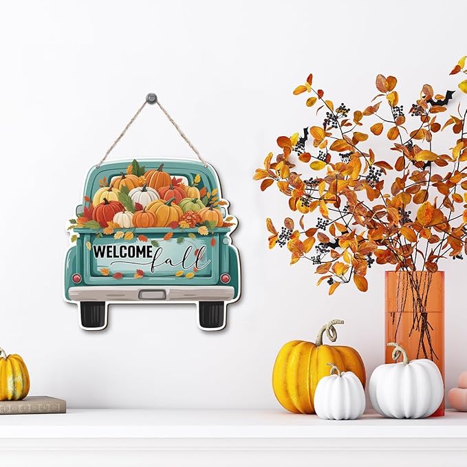 Rustic wooden welcome fall truck sign by CozyNest Decor, autumn harvest-themed decorative plaque for home interior and exterior.