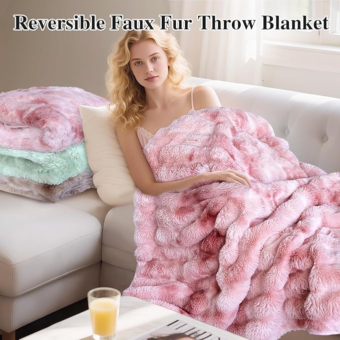 CozyNest Decor faux fur reversible throw blanket with ultra-soft fluffy texture, perfect for couch or bed, in ombre style.