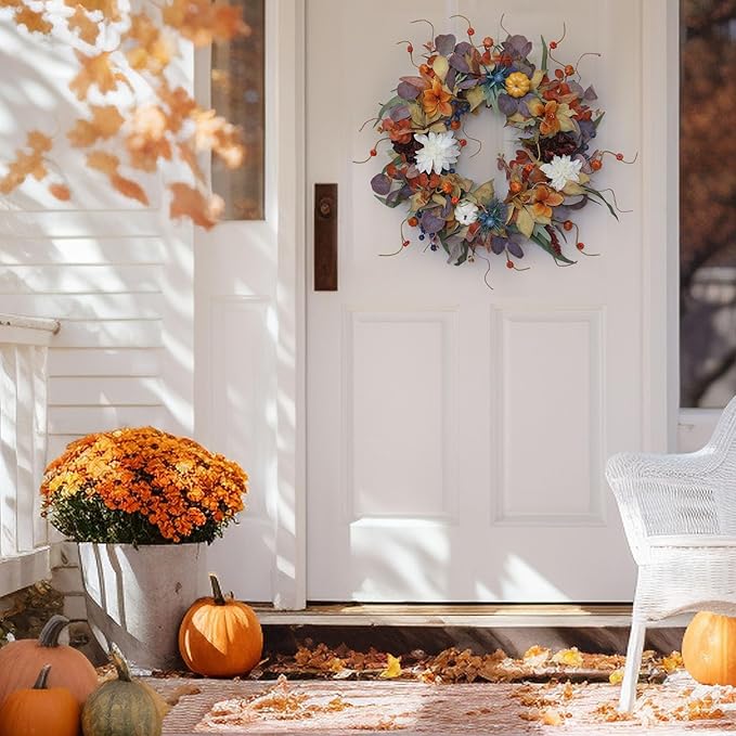 CozyNest Decor 24-inch autumn wreath with pumpkins, silk leaves, and purple flowers for front door Halloween and Thanksgiving decor
