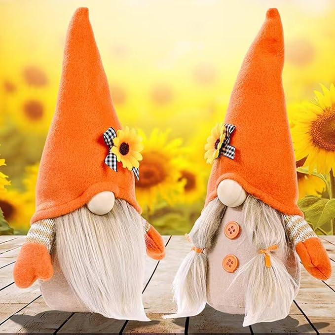 CozyNest Decor fall plush gnome doll with sunflower hat, farmhouse harvest autumn decor for tiered tray or Thanksgiving display.
