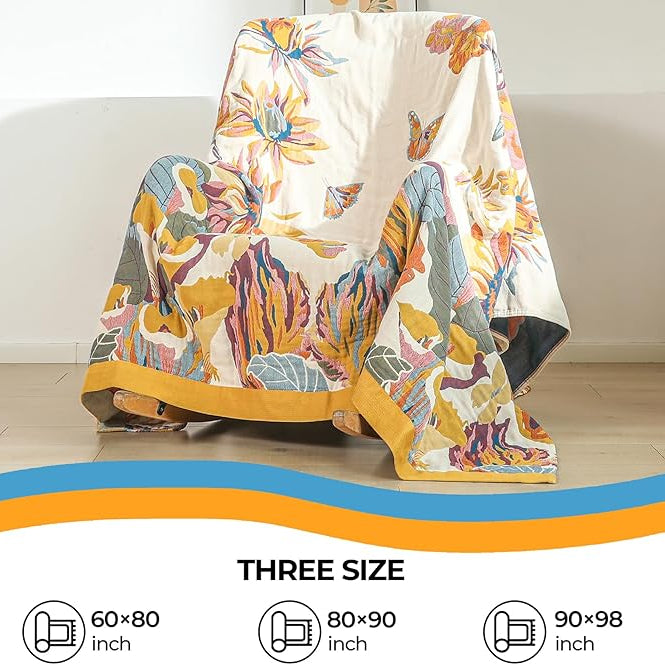 CozyNest Decor boho cotton throw blanket with floral bird butterfly print, 80x90 inches, soft breathable muslin for bed or sofa decor
