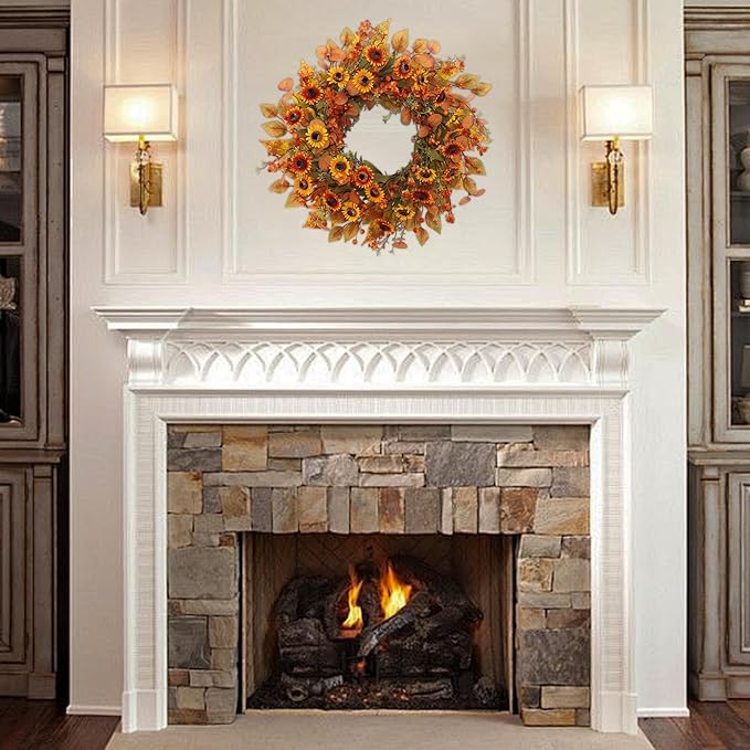 CozyNest Decor 22-inch artificial fall wreath with eucalyptus leaves and chrysanthemums, perfect for front door or holiday decor.
