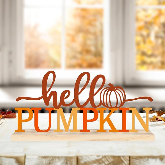 CozyNest Decor Hello Pumpkin metal sign in orange for fall home or office decor, featuring autumn pumpkin and "Hello Fall" message.
