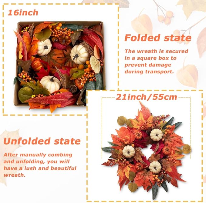 CozyNest Decor 21-inch fall wreath with maple leaves, pumpkins, and berries, perfect for front door, window, or fireplace autumn décor