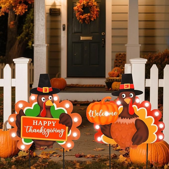 CozyNest Decor outdoor metal fall garden stakes with LED lights, featuring Happy Thanksgiving, pumpkin, turkey, and welcome signs.