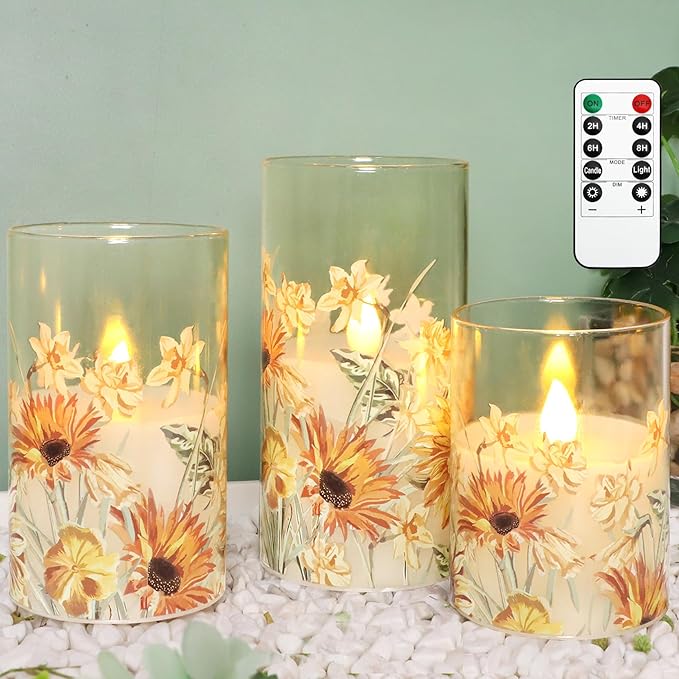 CozyNest Decor MELTONE Autumn Sunflower Flameless Candles with remote, real wax, flickering glow in glass for home and holiday decor