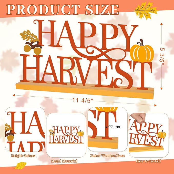 CozyNest Decor COCHIE Metal Happy Harvest sign in orange with fall leaves, perfect for home or office autumn decor.