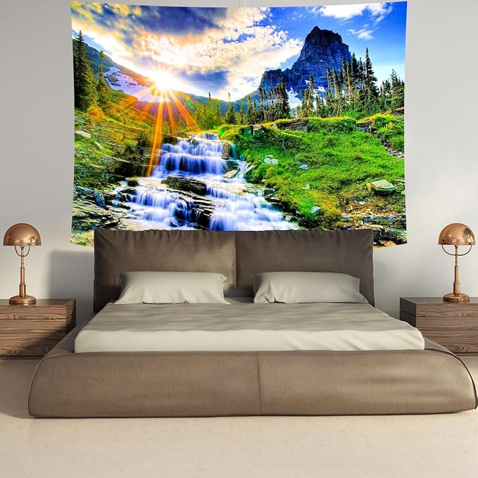 Delur Mountain Waterfall tapestry by CozyNest Decor featuring sunset forest and rainforest scenery for bedroom or living room decor.