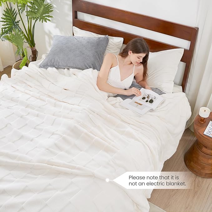 CozyNest Decor white checkered faux rabbit fur twin bed blanket, soft fuzzy cozy throw for couch or bed, 60x80 inches ivory.