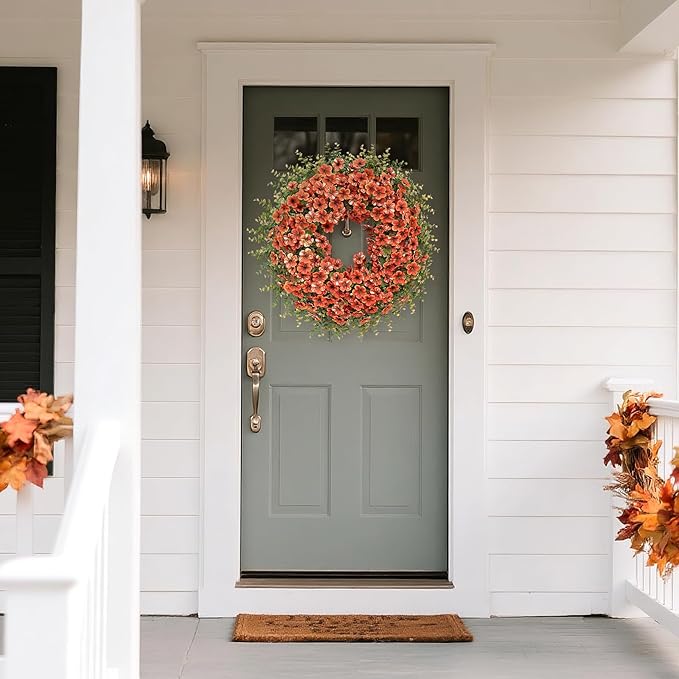 CozyNest Decor 26-inch fall wreath with artificial boxwood leaves, daisies, eucalyptus for front door, porch, or window autumn decor